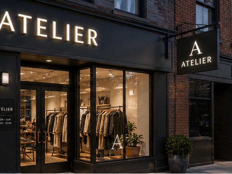 Complete storefront sign system with facade, blade, window, and entrance signs