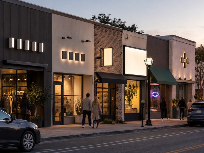 Commercial storefronts with channel letters, halo-lit letters, blade signs, light boxes, LED neon, and dimensional letters