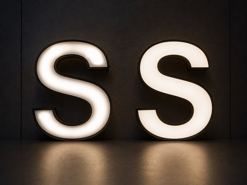 Lighting test showing uneven and uniform illumination in narrow channel letter strokes