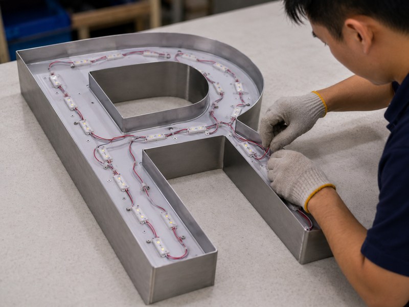 LED placement and wiring inside channel letters with wide and narrow stroke sections