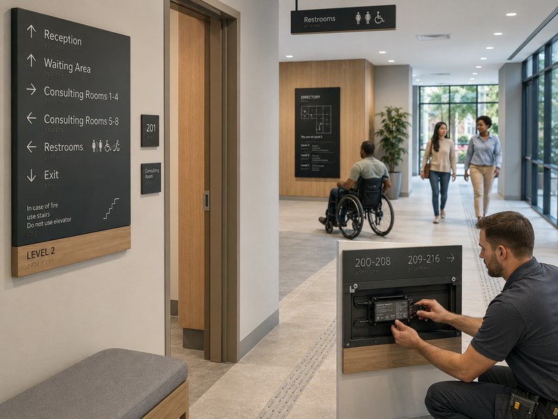 Sustainable and accessible commercial signage with Braille, tactile room signs, low-glare wayfinding, and serviceable components