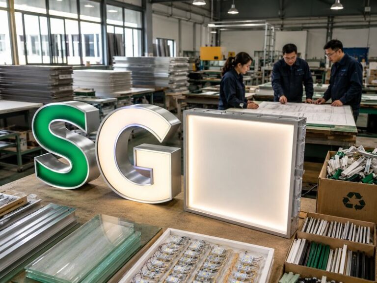 Sustainable custom sign manufacturing with channel letters, modular light boxes, efficient materials and LED production