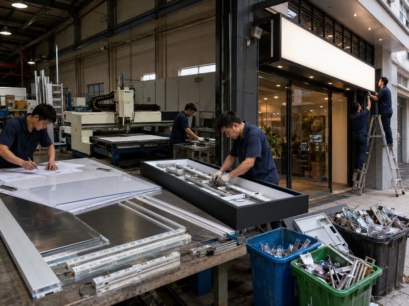 Complete lifecycle of sustainable commercial signage from materials and manufacturing to maintenance and recycling