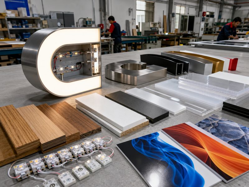 Sustainable sign materials including aluminum, stainless steel, acrylic, polycarbonate, wood and LED components