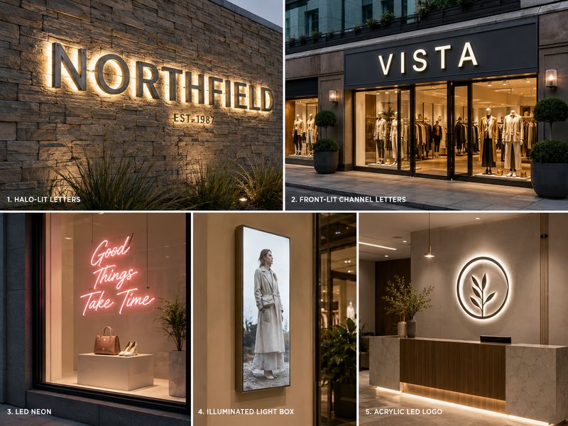 Five trending retail sign styles including halo-lit letters, front-lit channel letters, LED neon, a light box, and an acrylic LED logo