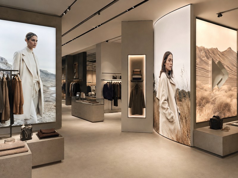 Premium retail store with frameless SEG, recessed, curved and dimensional light box displays