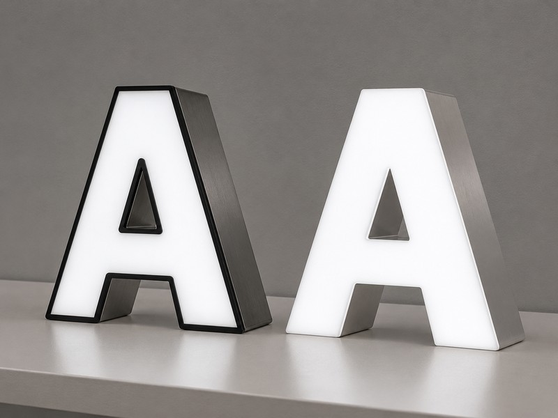 Close-up comparison of trimless and trim cap channel letter face edges