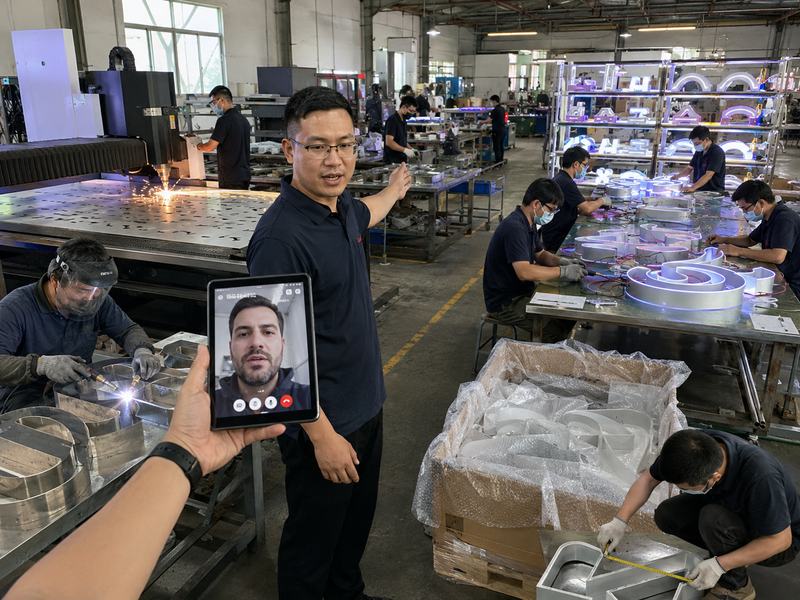 Live video tour verifying LED sign production, engineering, quality inspection, testing, and packing