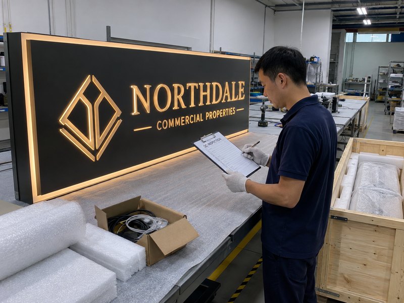 Finished custom sign with quality inspection and packaging evidence for verifying portfolio claims