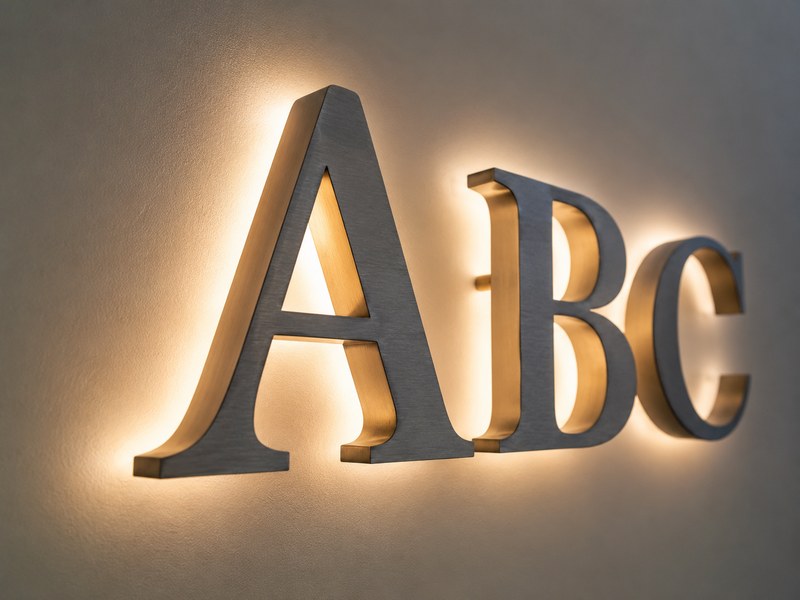 Close-up of halo-lit channel letters showing reflected light between the letters and mounting wall