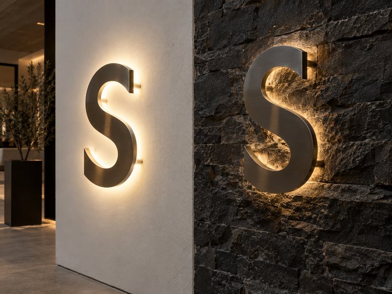Halo-lit letters showing different light reflection on smooth and textured wall surfaces