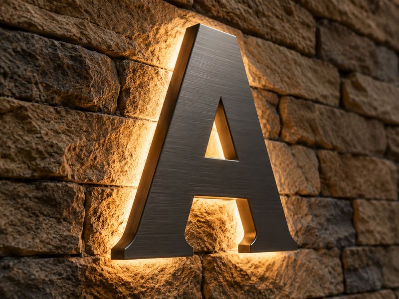 Halo-lit channel letters on a textured masonry wall showing how surface relief changes the reflected glow