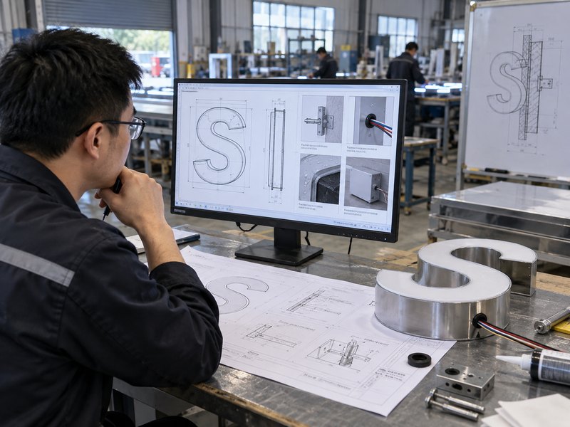Sign engineer reviewing waterproofing, wire exit, mounting and outdoor requirements before production