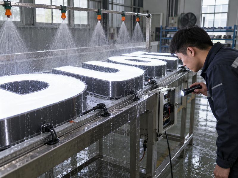 Waterproof testing and inspection of an outdoor illuminated sign before shipment