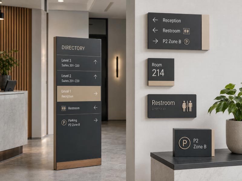 Directional directory room identification ADA and parking wayfinding sign types