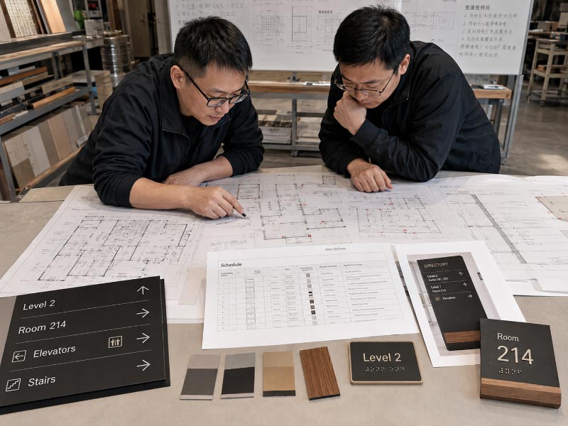 Chinese sign engineers reviewing a wayfinding plan sign schedule and material samples