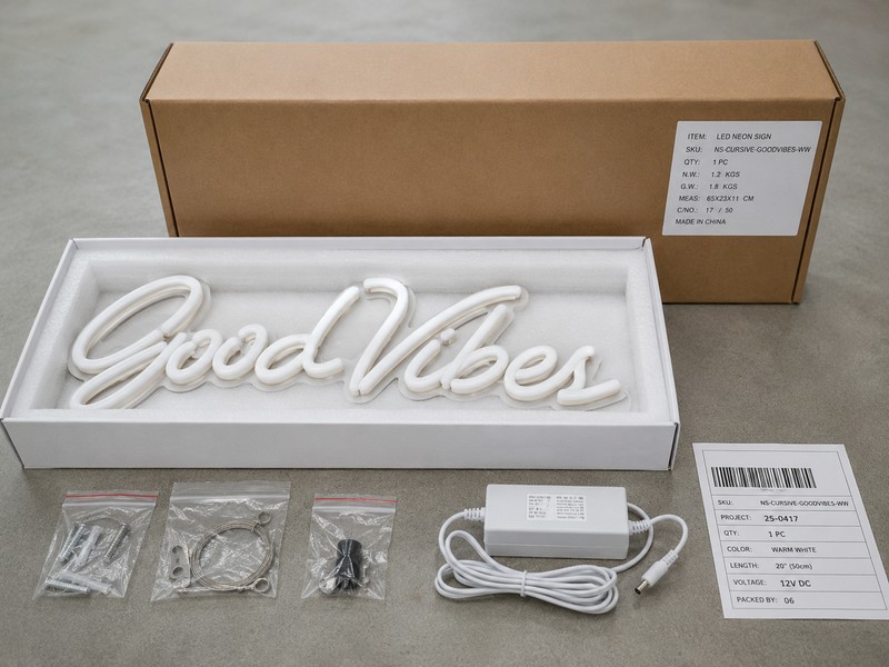 White label LED neon sign with neutral packaging power supply and installation accessories