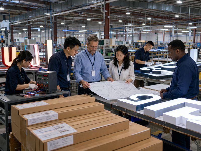 Project team evaluating sign production, engineering, LED testing, quality control, and neutral packaging.