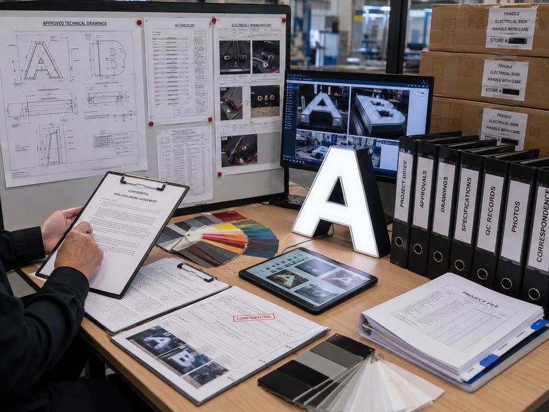 Approved drawings, quality records, color samples, and coded cartons used to control a white-label sign project.