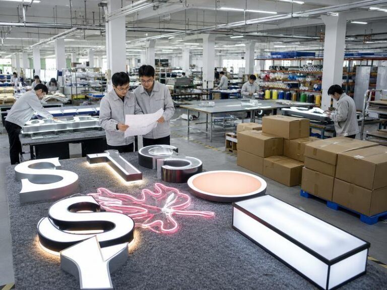 White-label commercial signs being manufactured, inspected, and packed in a professional sign factory.