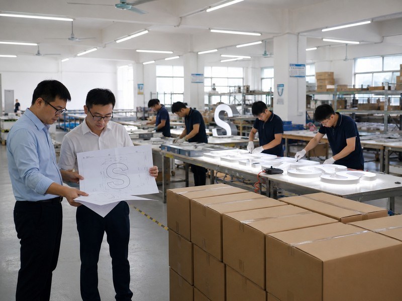 Engineers and workers managing confidential white-label channel letter and acrylic sign production.