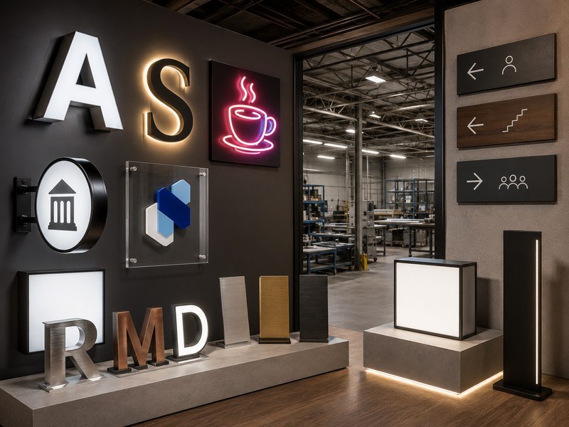 Collection of white-label channel letters, LED neon signs, light boxes, metal letters, and wayfinding signs.