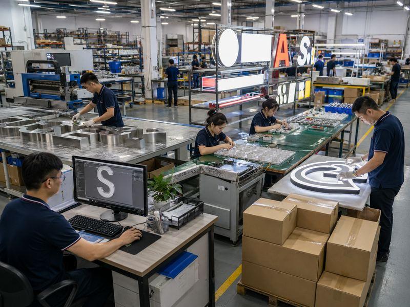 White-label sign manufacturing workflow from artwork review and fabrication to testing and neutral packing.