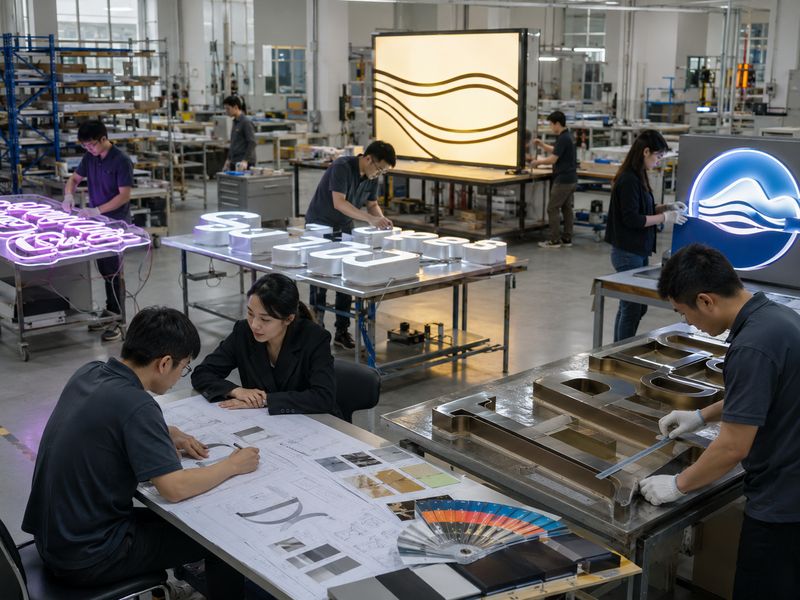 Organized wholesale sign factory producing channel letters, LED neon signs, metal letters, acrylic logos, and light boxes.