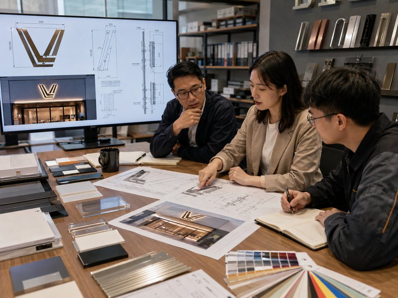 Designer, engineer, and project coordinator reviewing artwork, dimensions, samples, and installation details for a wholesale sign order.
