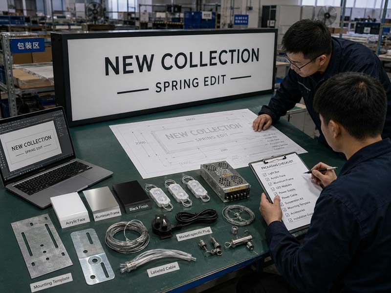 Retail window sign production drawing, materials, power supply, and mounting hardware review