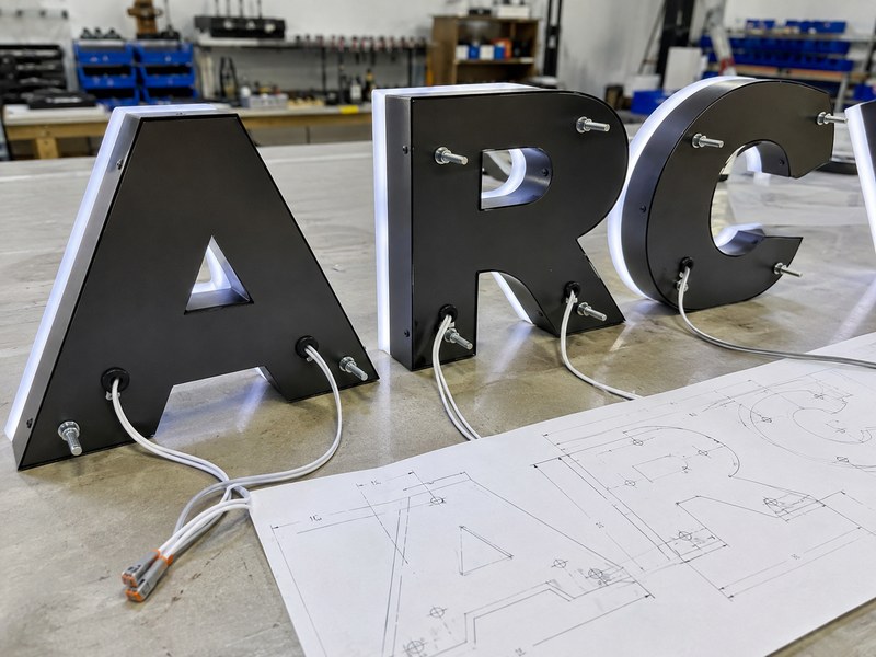 Custom channel letters with rear wire exit locations and mounting studs before installation