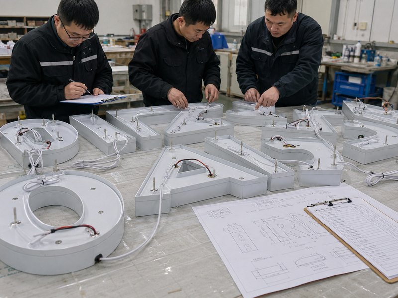 Pre-production inspection of wire exits mounting studs and wiring on custom channel letters