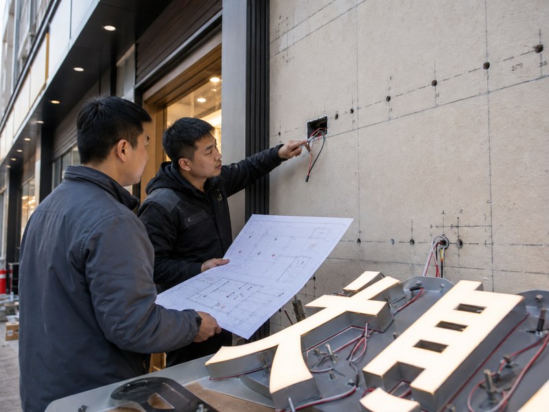 Installer checking wall conditions and wire exit positions for channel letter installation